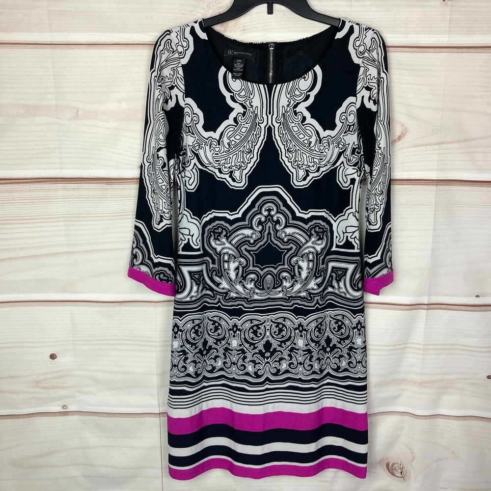 INC Concepts Dress Womens PM Paisley Knit Shift 3/4 Sleeve Scoop Neck Petite